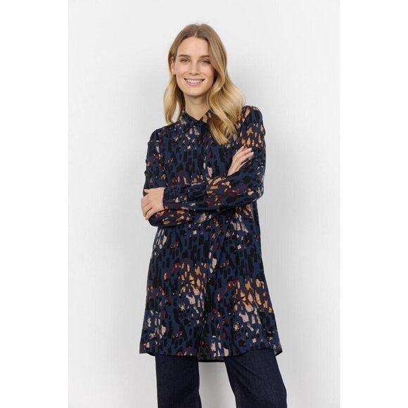 NWT SOYA CONCEPT IMA 2 Blue Iris Print Button Down Tunic Blouse - Picture 1 of 5